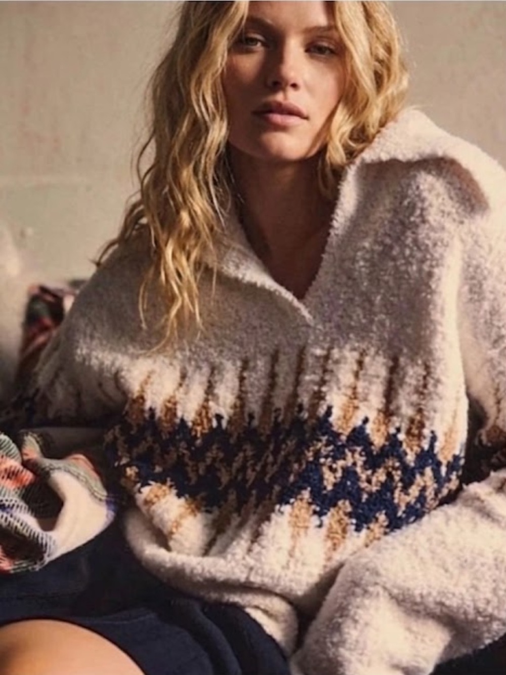 NWT J. Crew Cream Bouclé Fair Isle Johnny-Collar Sweater with Navy & Tan Accent
